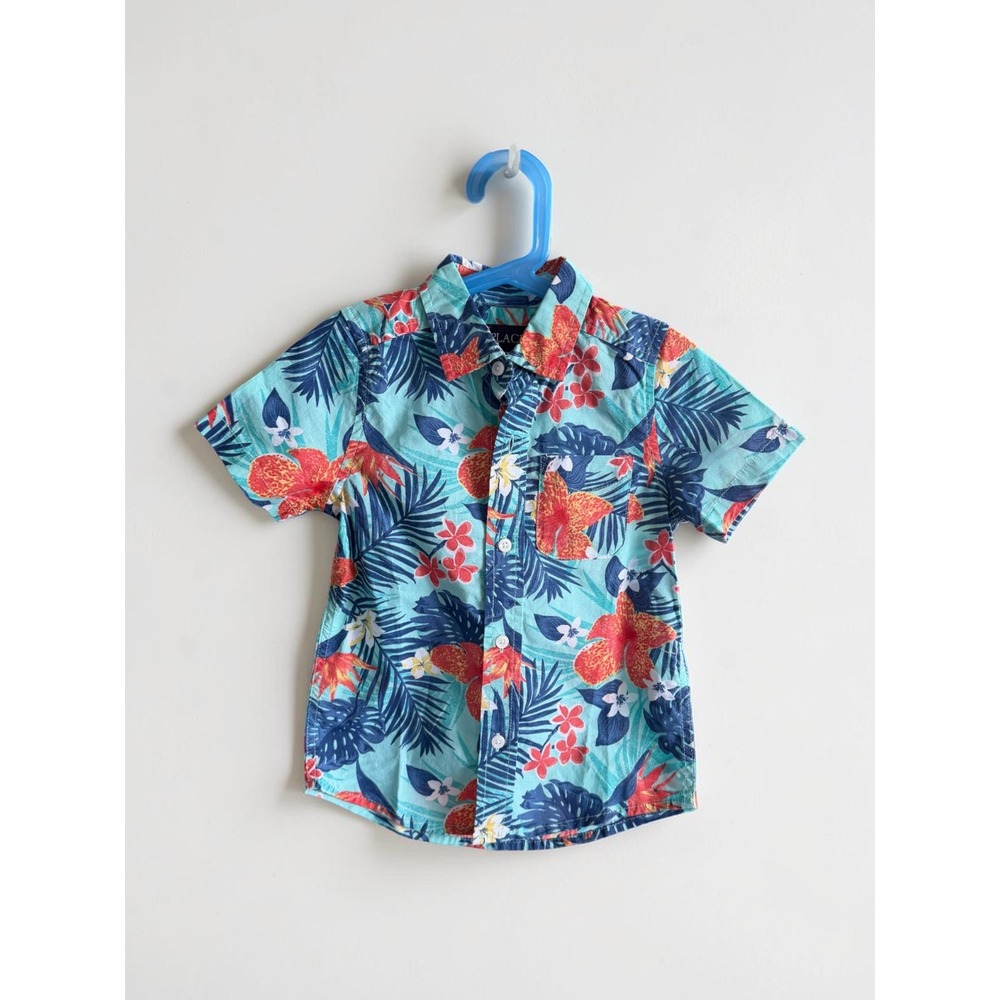 The Childrens Place Boys Tropical Floral Button Down Shirt Blue Orange Size 4 XS